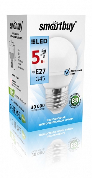 Светодиодная лампа Smartbuy G45 холодная 5 Вт