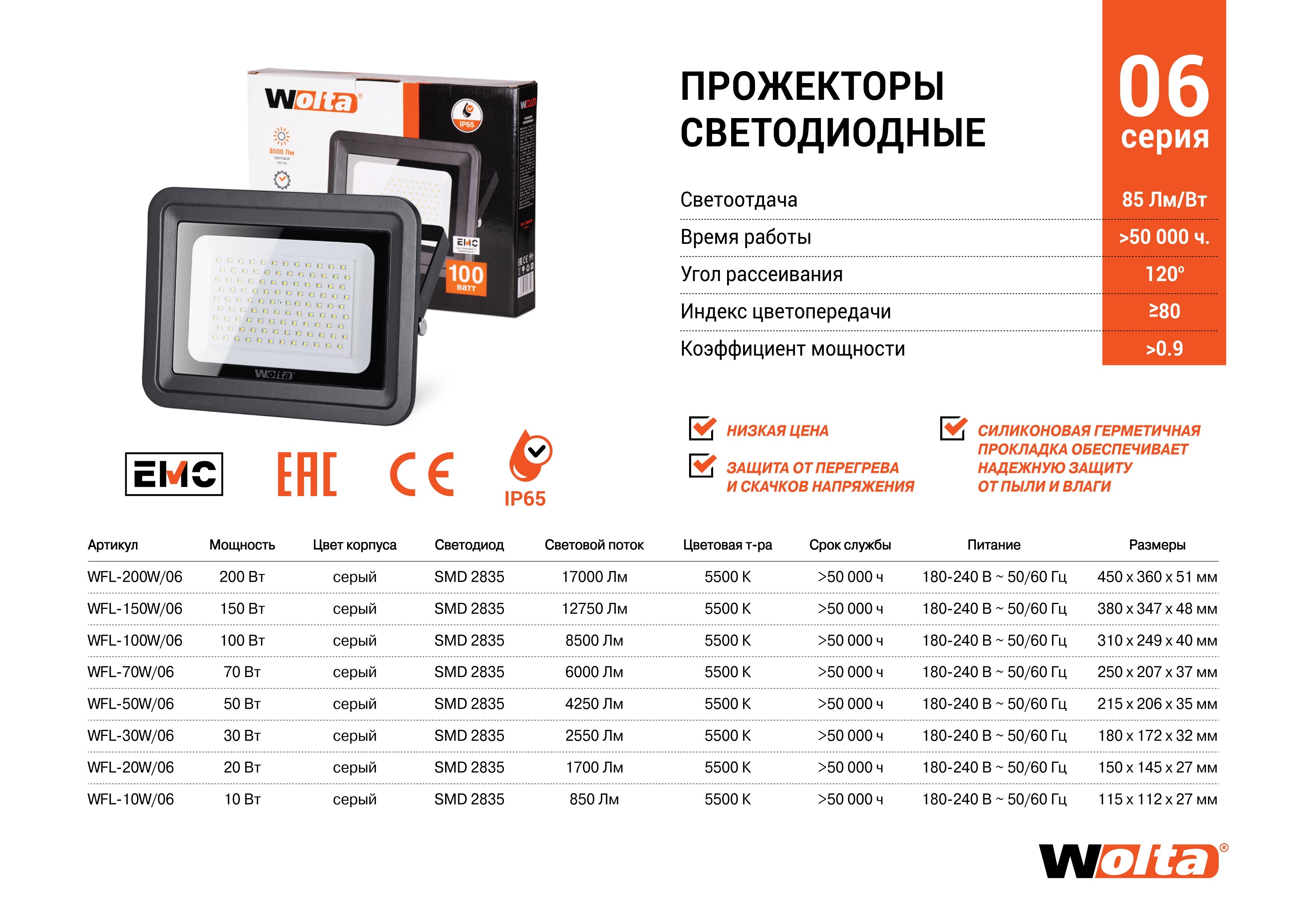 Светодиодный прожектор WOLTA WFL-100W/06